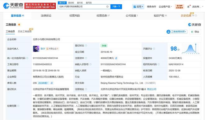 小馬智行旗下科技公司完成增資，注冊資本躍升至4億美元，加速智能駕駛技術布局